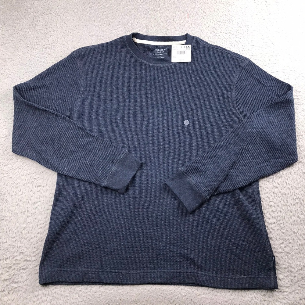 American Eagle Thermal Shirt Men L Blue Waffle Knit Long Sleeve Standard Fit NEW